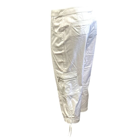 Chicos Zenergy White Cotton Capri Pants Drawstring Hem Side Zip Pockets Size 1 - Picture 2 of 12